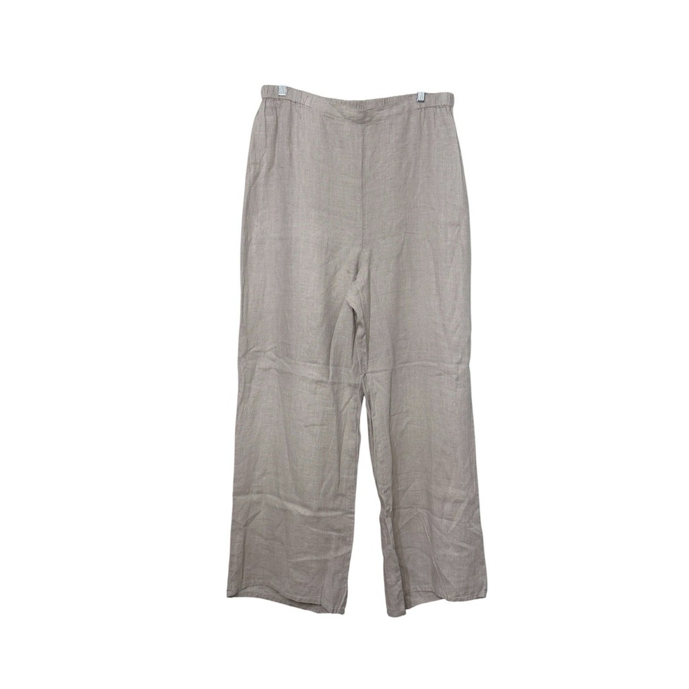 FLAX 100% Linen Pants Wide Leg Elastic Waist Oatmeal Minimal Neutral Boho Large